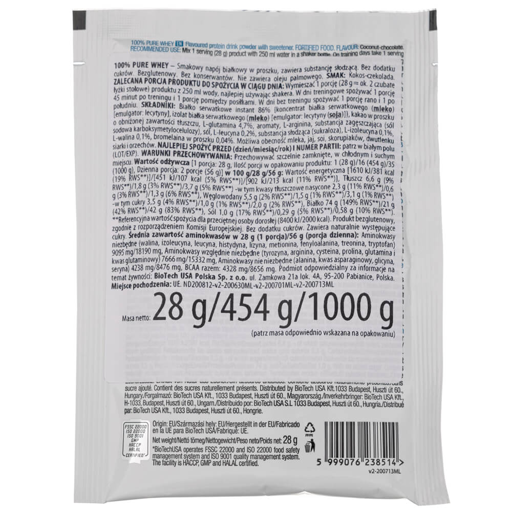 BioTech USA 100% Pure Whey, Chocolate-Coconut Flavoured - 28 g